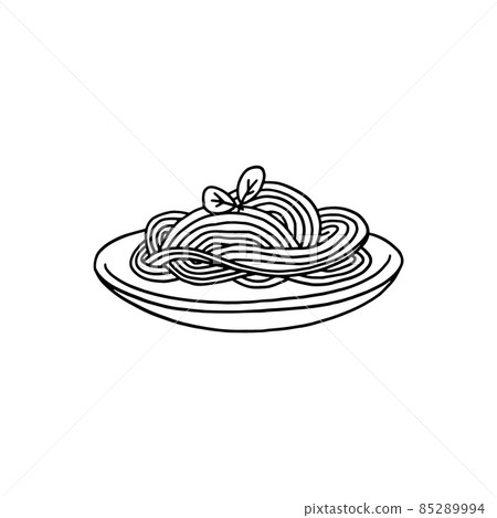 Italian spaghetti pasta in black outlines doodle style, vector illustration isolated on white background. 85289994