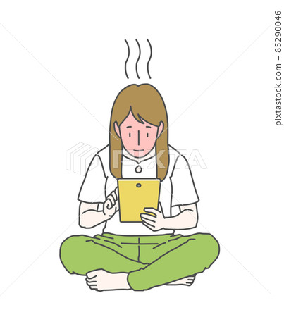 Long-haired female crazy about tablets-boiled octopus with a bright red face Long-haired female crazy about tablets-boiled octopus with a bright red face 85290046