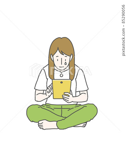 Long-haired female crazy about tablets-tears 85290056