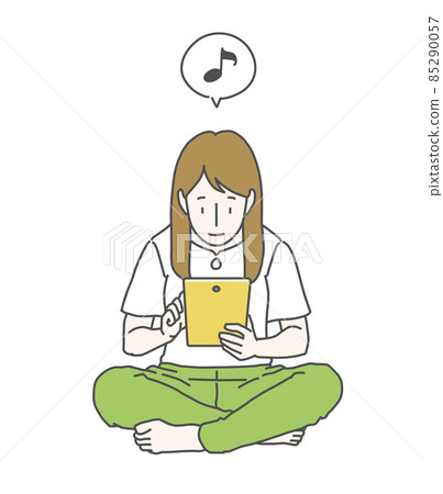 A long-haired woman who is crazy about tablets-exciting ... balloons of musical notes 85290057