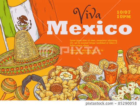 Mexican traditional food banner with copy space for text, colored sketch vector illustration. 85290058