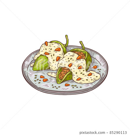 Mexican chile en nogada dish hand drawn vector illustration isolated on white. Mexican chile en nogada dish hand drawn vector illustration isolated on white. 85290113