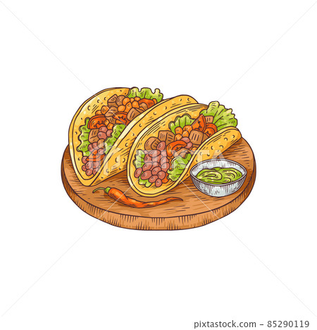 Mexican burrito meat rolls in corn wraps, sketch vector illustration isolated. 85290119