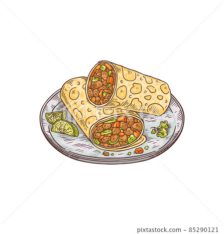 Traditional mexican cuisine burrito on plate in hand drawn sketch, vector illustration isolated on white background. Traditional mexican cuisine burrito on plate in hand drawn sketch, vector illustration isolated on white background. 85290121