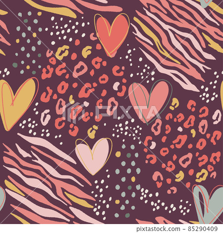 Valentine's Day seamless pattern with animal prints. Leopard or jaguar and zebra texture, hearts and dots. 85290409