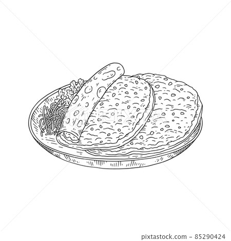 Turkish Lahmacun dish or Turkish pizza, engraving vector illustration isolated. 85290424