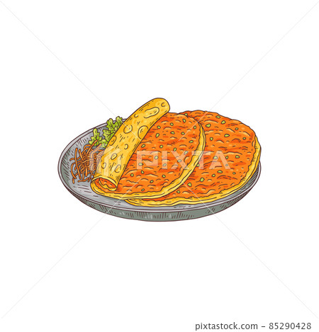 Lahmacun or Turkish pizza dish hand drawn color vector illustration isolated. Lahmacun or Turkish pizza dish hand drawn color vector illustration isolated. 85290428