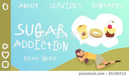 Hungry woman sleeps and dreams about sweet food and drinks, landing page template - flat vector illustration. Hungry woman sleeps and dreams about sweet food and drinks, landing page template - flat vector illustration. 85290518