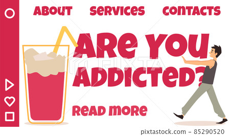 Sugar addiction concept, landing page template with man cannot resist sweet drink, flat vector illustration. Sugar addiction concept, landing page template with man cannot resist sweet drink, flat vector illustration. 85290520