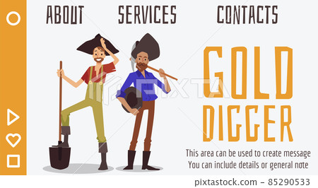 Website banner with gold diggers or prospectors, flat vector illustration. Website banner with gold diggers or prospectors, flat vector illustration. 85290533