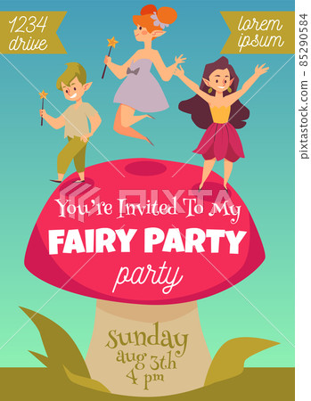 Cartoon forest pixies with magic wands jumping on mushroom in flat vector 85290584