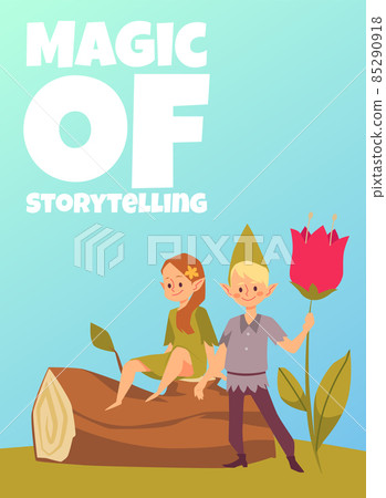 Fairy elves in the forest, fairytale and storytelling concept - cartoon flat vector poster illustration. Fairy elves in the forest, fairytale and storytelling concept - cartoon flat vector poster illustration. 85290918