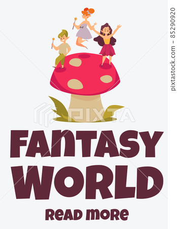 Fantasy world banner or poster with fairies or pixies, flat vector illustration. Fantasy world banner or poster with fairies or pixies, flat vector illustration. 85290920