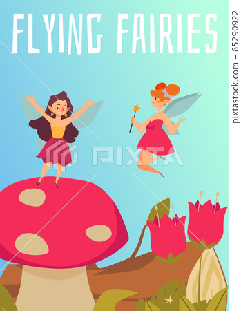 Cute fairies with wings and pointed elves ears flying in the forest, poster template cartoon flat illustration. Cute fairies with wings and pointed elves ears flying in the forest, poster template cartoon flat illustration. 85290922