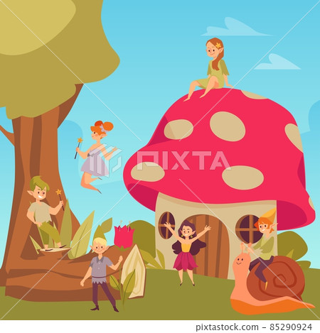 Little pixies have fun in forest glade near elf house in flat illustration Little pixies have fun in forest glade near elf house in flat illustration 85290924
