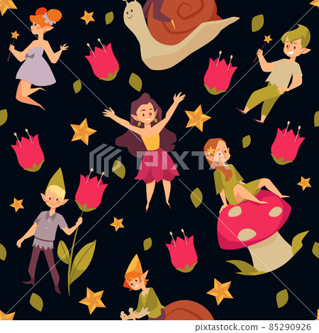 Cute cartoon pixies with magic wands from fairy tale on eamless pattern Cute cartoon pixies with magic wands from fairy tale on eamless pattern 85290926