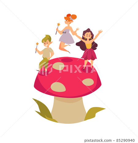 Cartoon little pixies with magic wands jumping on mushroom in flat vector Cartoon little pixies with magic wands jumping on mushroom in flat vector 85290940