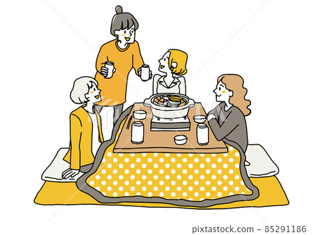 Women gathering in Kotatsu and eating hot pots Happy girls-only gathering with well-known friends Hand-drawn person illustrations 85291186