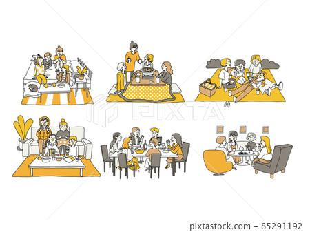 Women enjoying a holiday party, girls-only gathering set in various scenes, loose line drawing portraits 85291192