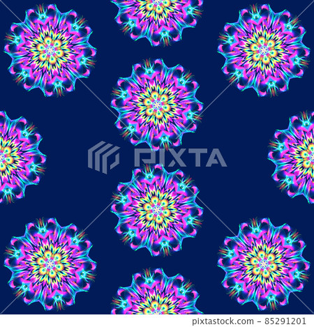 Illustration raster seamless pattern of mandalas in shiny glowing lilac color on dark blue Illustration raster seamless pattern of mandalas in shiny glowing lilac color on dark blue 85291201