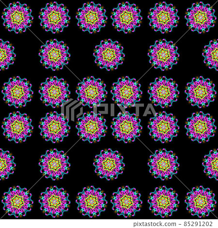 Illustration raster seamless pattern of mandalas in shiny glowing lilac color on dark black Illustration raster seamless pattern of mandalas in shiny glowing lilac color on dark black 85291202