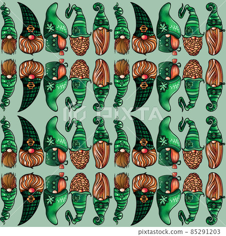 Seamless pattern illustration of a gnome with a beard in a hat. Symbol for the feast of st patrick Seamless pattern illustration of a gnome with a beard in a hat. Symbol for the feast of st patrick 85291203