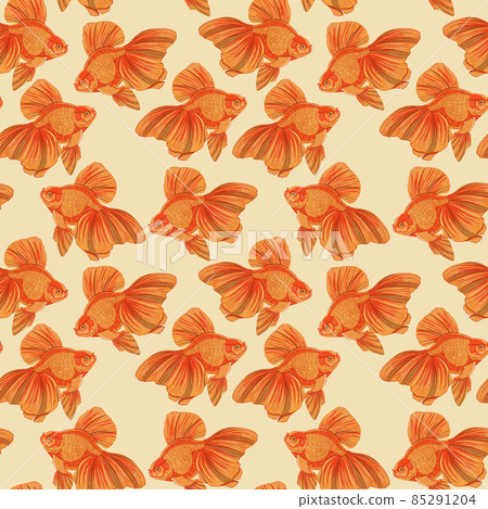 Digital illustration of orange detailed aquarium goldfish seamless pattern on yellow background Digital illustration of orange detailed aquarium goldfish seamless pattern on yellow background 85291204