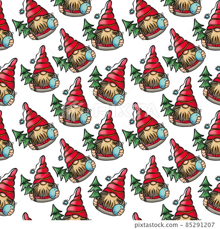 Seamless pattern illustration of a gnome with a beard in a hat. New year and christmas symbol on Seamless pattern illustration of a gnome with a beard in a hat. New year and christmas symbol on 85291207