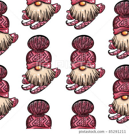 Seamless pattern illustration of a gnome with a beard in a hat. New year and christmas symbol on Seamless pattern illustration of a gnome with a beard in a hat. New year and christmas symbol on 85291211