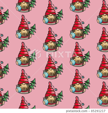 Seamless pattern illustration of a gnome with a beard in a hat. New year and christmas symbol on a 85291217