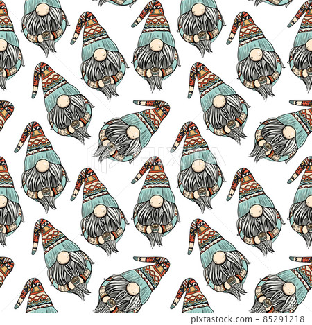 Seamless pattern illustration of a gnome with a beard in a hat. New year and christmas symbol on Seamless pattern illustration of a gnome with a beard in a hat. New year and christmas symbol on 85291218