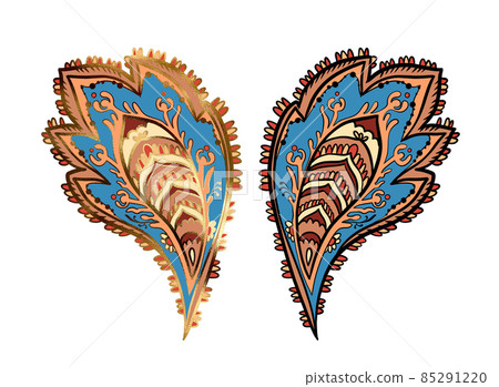Illustration of a raster element of paisley of different shapes with patterns on a white isolated Illustration of a raster element of paisley of different shapes with patterns on a white isolated 85291220