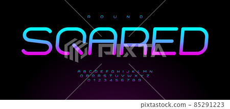 Rounded velvet violet gradient color font. Kids neon letters, children laser game alphabet. Nightlife type for cyberspace headline, nightclub logo, scifi poster, music DJ cover design. 85291223