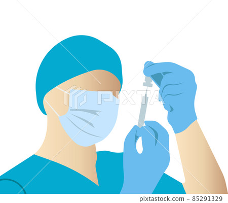 A doctor in medical gloves and a mask fills a syringe. A doctor in medical gloves and a mask fills a syringe. 85291329