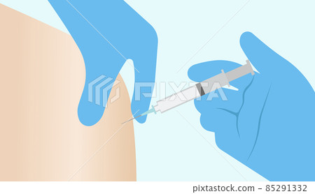 A doctors hand in a medical glove, vaccinating in the shoulder. A doctors hand in a medical glove, vaccinating in the shoulder. 85291332