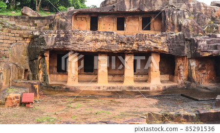 Cave 9 : Mancapuri and Swargapuri Gumpha, Udaygiri Caves, Odisha, India. Cave has two storeys, with the lower level known as Mancapuri and the upper level as Swargapuri. 85291536