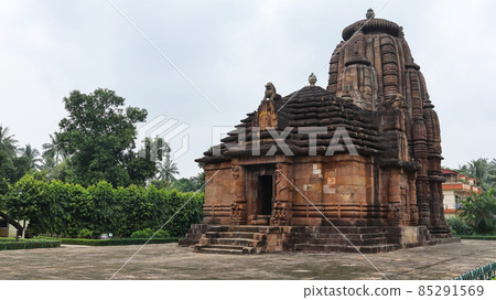 Front Facade of Jagamohana of Rajarani Temple. 11th century Odisha style temple constructed dull red and yellow sandstone, Bhubaneswar, Odisha, India. 85291569