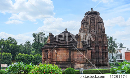 Facade of Jagamohana and Vimana of Rajarani Temple. 11th century Odisha style temple constructed dull red and yellow sandstone, Bhubaneswar, Odisha, India. 85291574