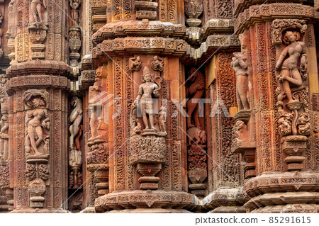 Sculptures of deities and maidens clutching trees/foliage on walls of the Rajarani temple. 11th century Odisha style temple constructed dull red and yellow sandstone, Bhubaneswar, Odisha, India. Sculptures of deities and maidens clutching trees/foliage on walls of the Rajarani temple. 11th century Odisha style temple constructed dull red and yellow sandstone, Bhubaneswar, Odisha, India. 85291615
