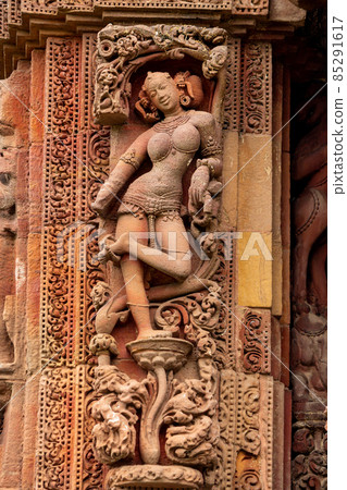 Sculptures of maidens clutching trees/foliage on walls of the Rajarani temple. 11th century Odisha style temple constructed dull red and yellow sandstone, Bhubaneswar, Odisha, India. Sculptures of maidens clutching trees/foliage on walls of the Rajarani temple. 11th century Odisha style temple constructed dull red and yellow sandstone, Bhubaneswar, Odisha, India. 85291617