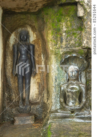 Carved images of Tirthankaras in several postures. Mangi Tungi, Nashik, Maharashtra, India. Prominent twin-pinnacled peak with plateau in between. Carved images of Tirthankaras in several postures. Mangi Tungi, Nashik, Maharashtra, India. Prominent twin-pinnacled peak with plateau in between. 85291644