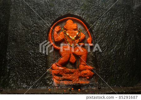 Idol of veer Hanuman or Maruti near the western entrance gate, Tringalwadi fort, Nashik, Maharashtra, India. Idol of veer Hanuman or Maruti near the western entrance gate, Tringalwadi fort, Nashik, Maharashtra, India. 85291687