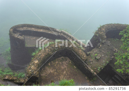 Top view of entrance gate of the fort, Tikona Fort, Pune, Maharashtra, India. 85291736