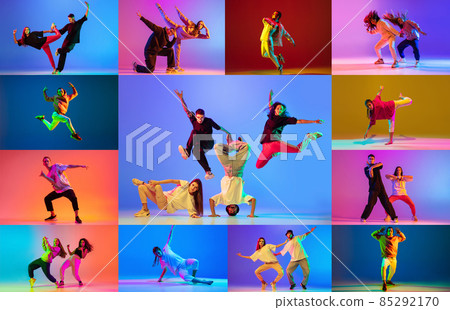 Collage of young people dancing hip hop isolated over multicolored background in neon lights Collage of young people dancing hip hop isolated over multicolored background in neon lights 85292170