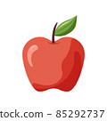Red apple illustration with branch and green leaf. Colorful. Fresh. Isolated on white background 85292737