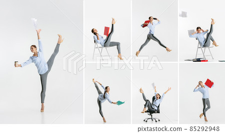 Collage of young woman in official suit, office employee dancing, jumping isolated over white background Collage of young woman in official suit, office employee dancing, jumping isolated over white background 85292948