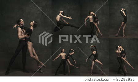 Collage. Beautiful young couple, ballet dancer performing isolated over dark vintage background 85292955