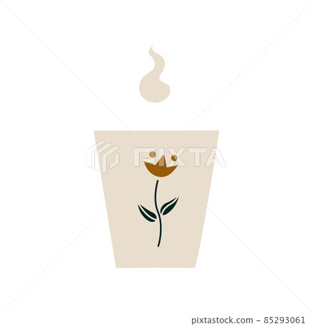 Ceramic mug with the image of a flower with a hot drink. A porcelain cup with tea or coffee with smoke or steam. Vector illustration in a flat cartoon hand-drawn style. Isolated on a white background Ceramic mug with the image of a flower with a hot drink. A porcelain cup with tea or coffee with smoke or steam. Vector illustration in a flat cartoon hand-drawn style. Isolated on a white background 85293061