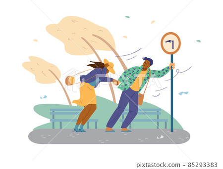 People trying to escape in thunderstorm in the park, flat vector illustration on white background. 85293383