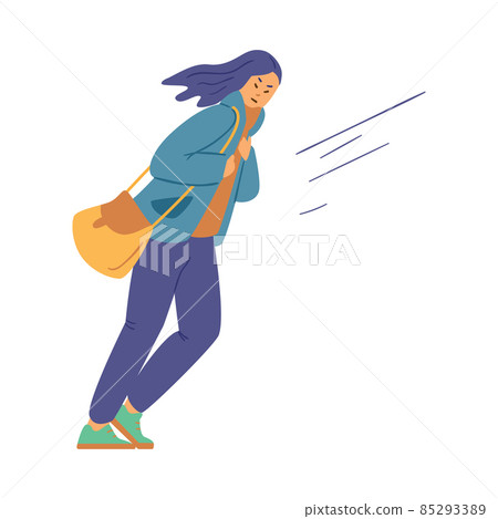 Woman walks towards heavy wind in cold autumn... - Stock Illustration ...